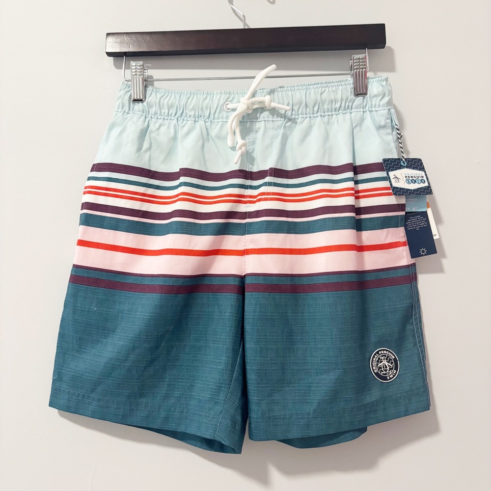 Original Penguin Swim Trunks Mens S Blue Striped Volley 6" Inseam Board Shorts